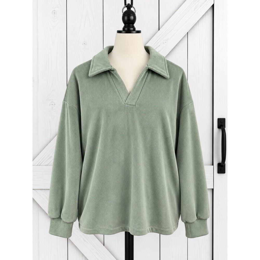 Mondetta Pullover Soft Ribbed Knit Top Size XL Earthy Green V-Neck Athleisure